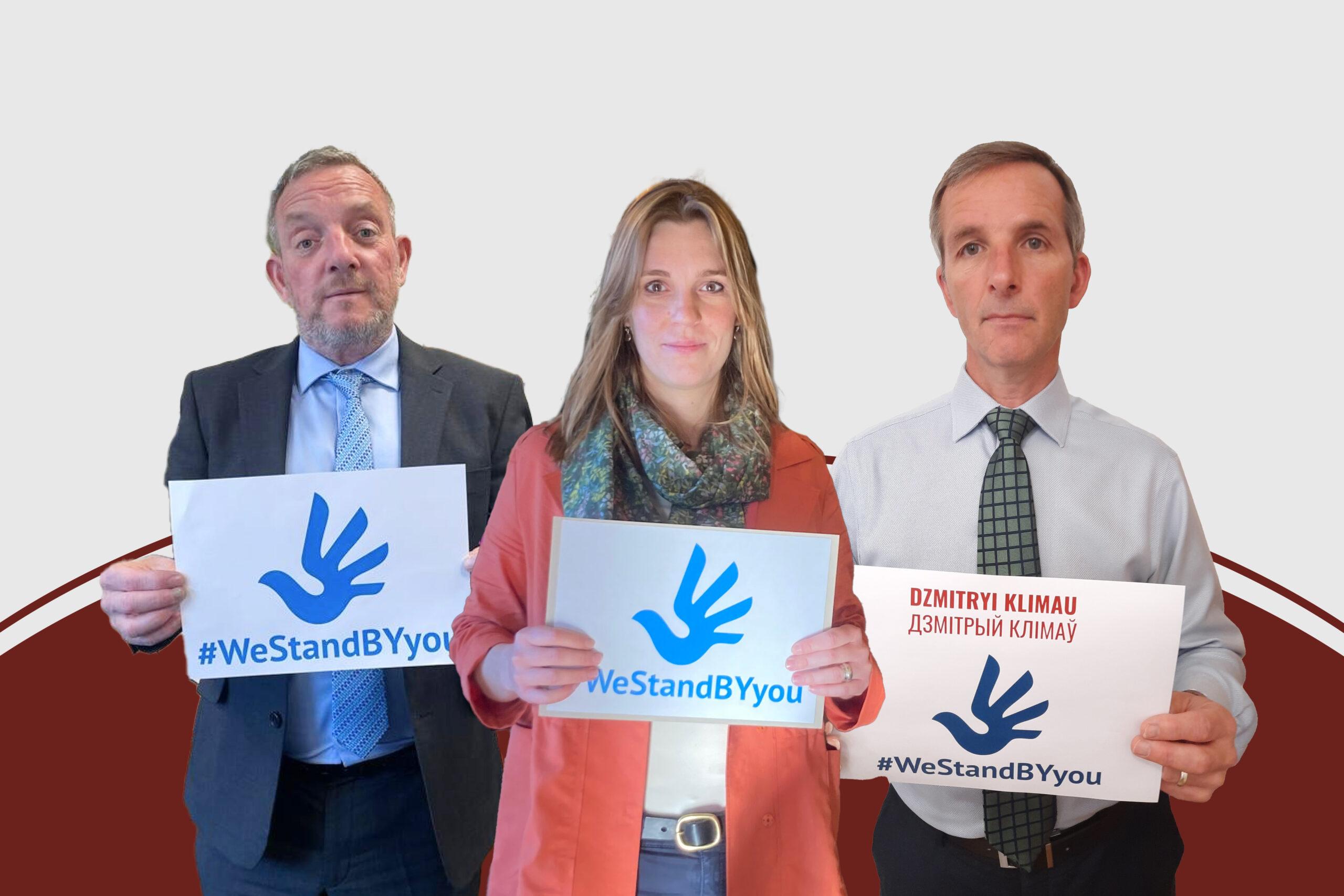 Members of Parliament from Switzerland, Ireland and Scotland take on a godparenthood for Illia Verameyeu, Pavel Belavus and Dzmitryi Klimau