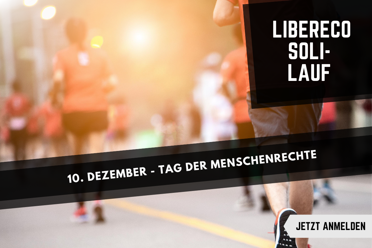 Laufende Personen mit Text "Libereco Soli-Lauf" und Text "10. Dezember - Tag der Menschenrechte"